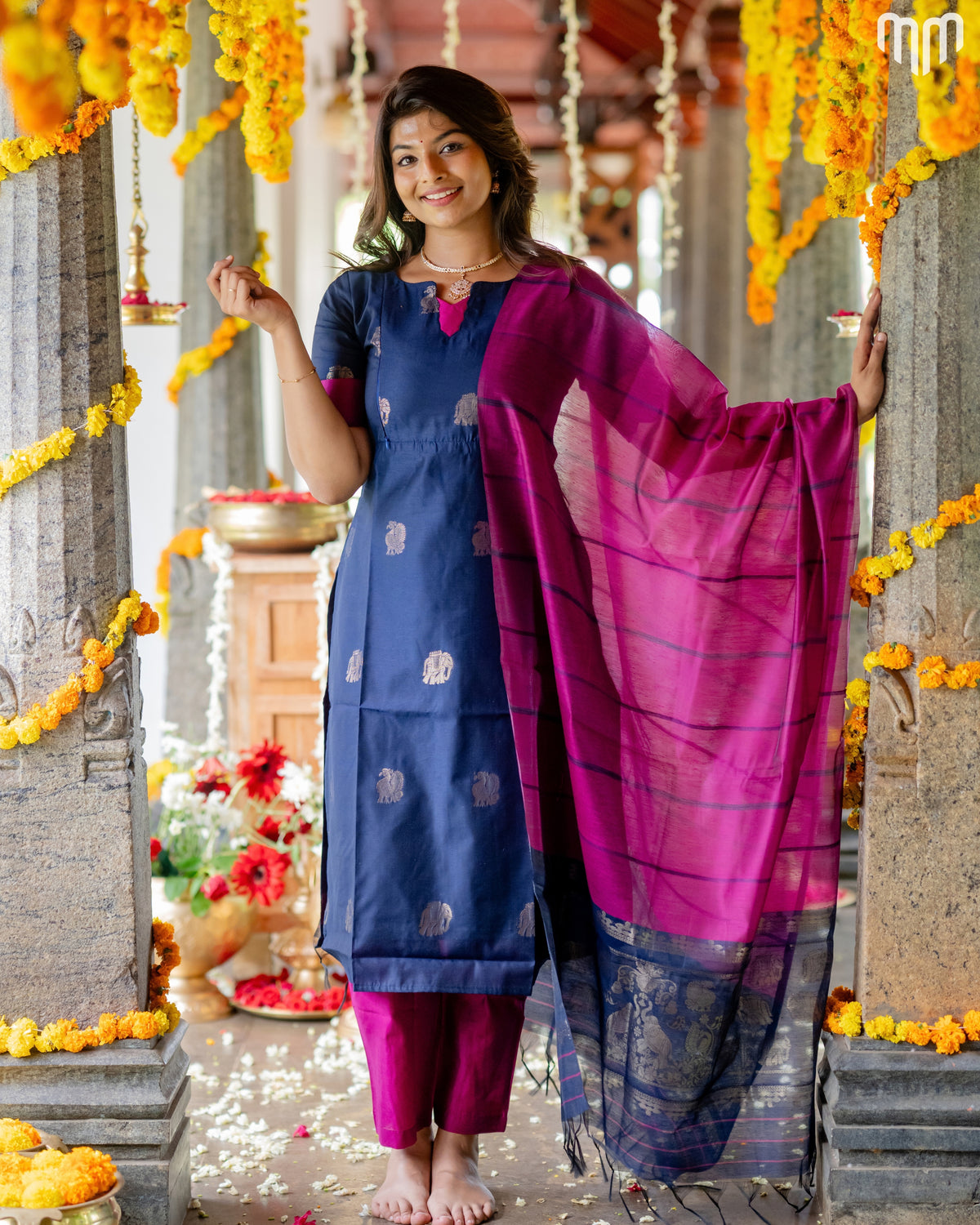 Vaaranam_Blue Gajam Butta Silk Maternity Kurti Set with top cotton lining