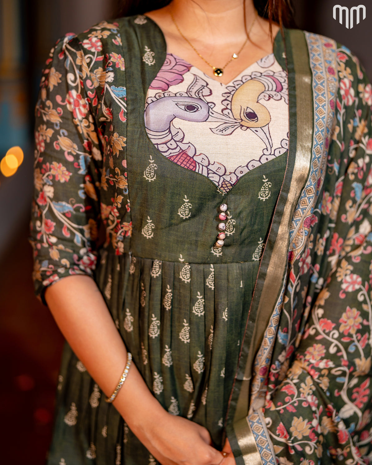 Maheswari Silk Green Maternity Maxi with Full Cotton Lining &amp; Dupatta