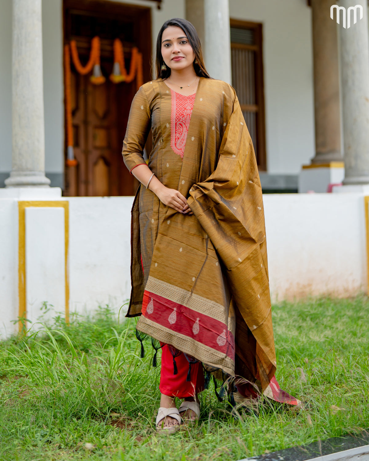 Banarasi Brocade Mustard brown Maternity Kurti Set with top cotton lining