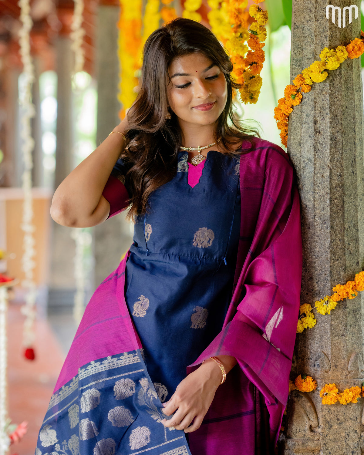Vaaranam_Blue Gajam Butta Silk Maternity Kurti Set with top cotton lining