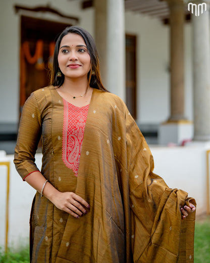 Banarasi Brocade Mustard brown Maternity Kurti Set with top cotton lining