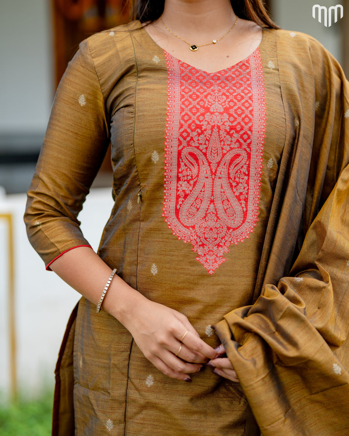 Banarasi Brocade Mustard brown Maternity Kurti Set with top cotton lining