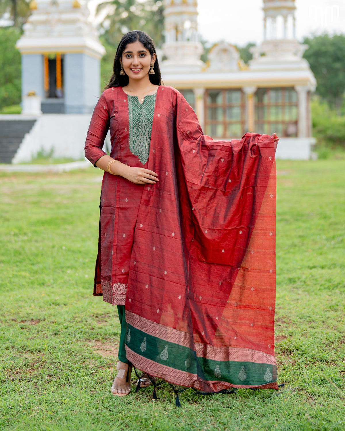 Banarasi Brocade Coral Red Maternity Kurti Set with top cotton lining