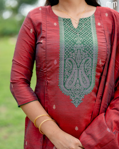 Banarasi Brocade Coral Red Maternity Kurti Set with top cotton lining