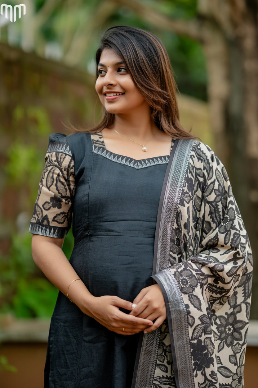 Black Chennuri Silk Maternity Kurti Set - Top &amp; Dupatta