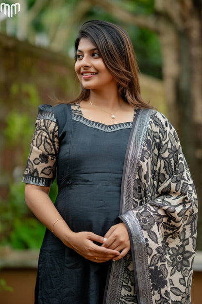 Black Chennuri Silk Maternity Kurti Set - Top &amp; Dupatta