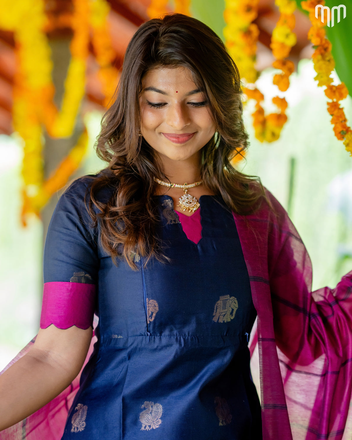 Vaaranam_Blue Gajam Butta Silk Maternity Kurti Set with top cotton lining