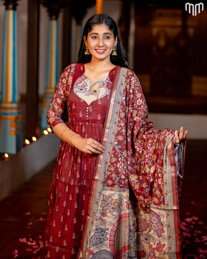 Maheswari Silk Marron Maternity Maxi with Full Cotton Lining &amp; Dupatta