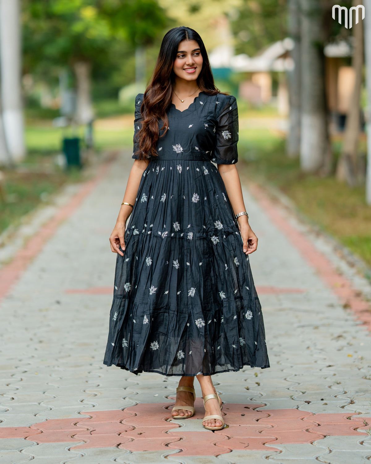 Vilva black Chanderi maternity maxi with full cotton lining - front view