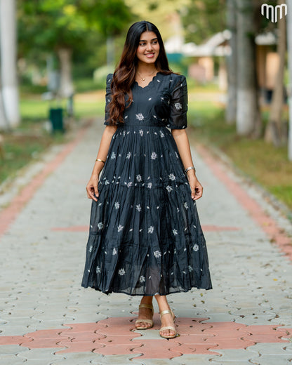 Vilva black Chanderi maternity maxi with full cotton lining - front view