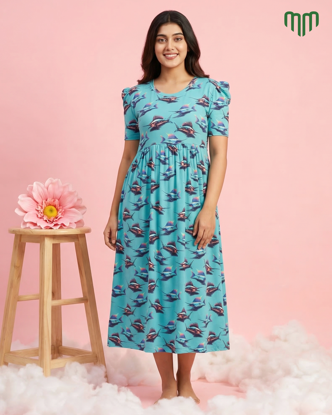 Fishy | Casual Non-Maternity Loungewear - Puff Sleeve | Calf Length
