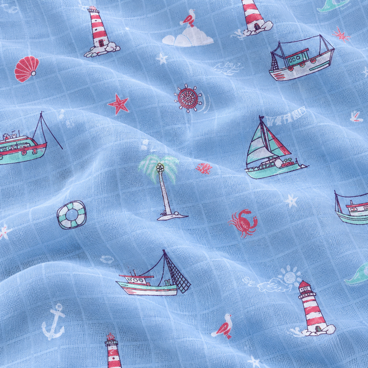 Little Ship Baby Muslin Swaddle Blanket | 100% Premium Cotton | 110x110 cm