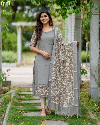 Grey Chennuri Silk Maternity Kurti Set - Top &amp; Dupatta