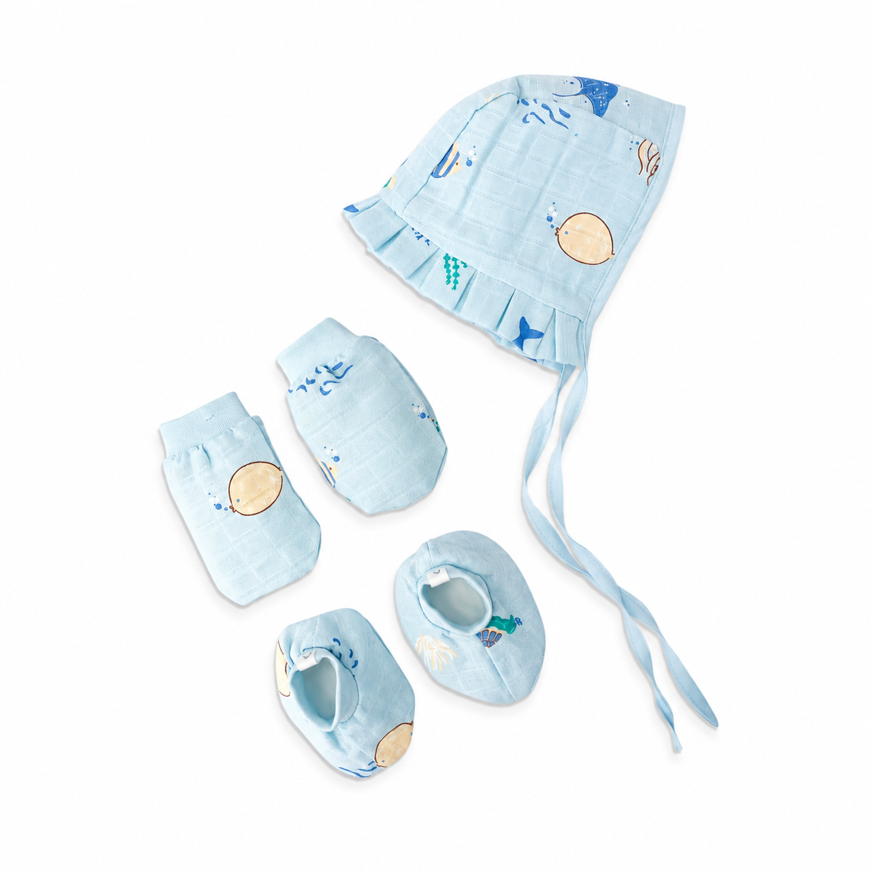 Little Swim Muslin Baby Cap, Mittens and booties Set