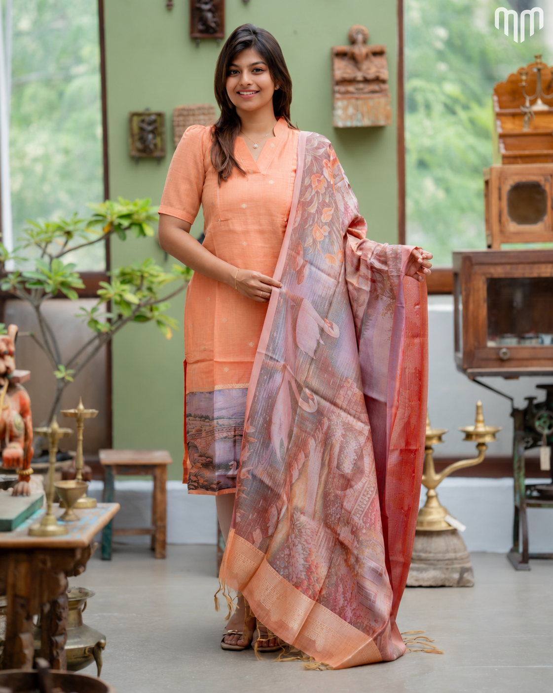 Jamdhani Silk_Peach Maternity Kurti &amp; Dupatta