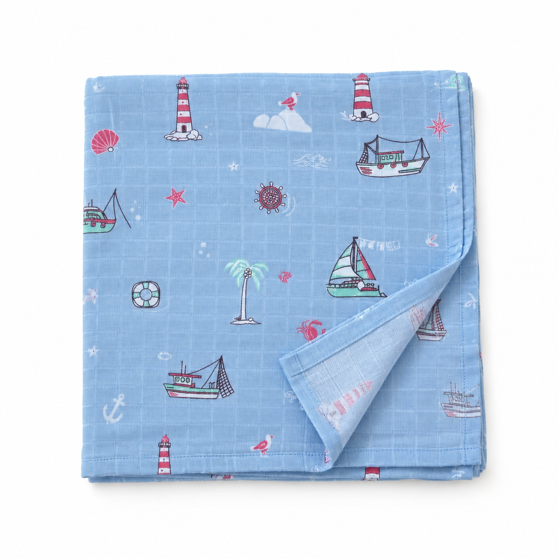 Little Ship Baby Muslin Swaddle Blanket | 100% Premium Cotton | 110x110 cm