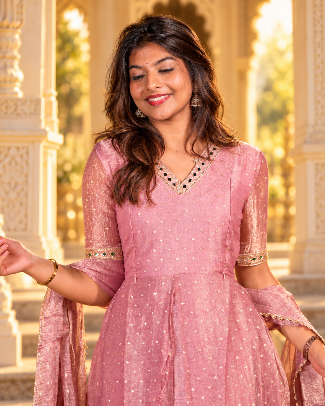 Pink Crush Tissue With Butti Maternity Maxi with Full Crepe Lining &amp; Dupatta - product image 1 | MMWEAR