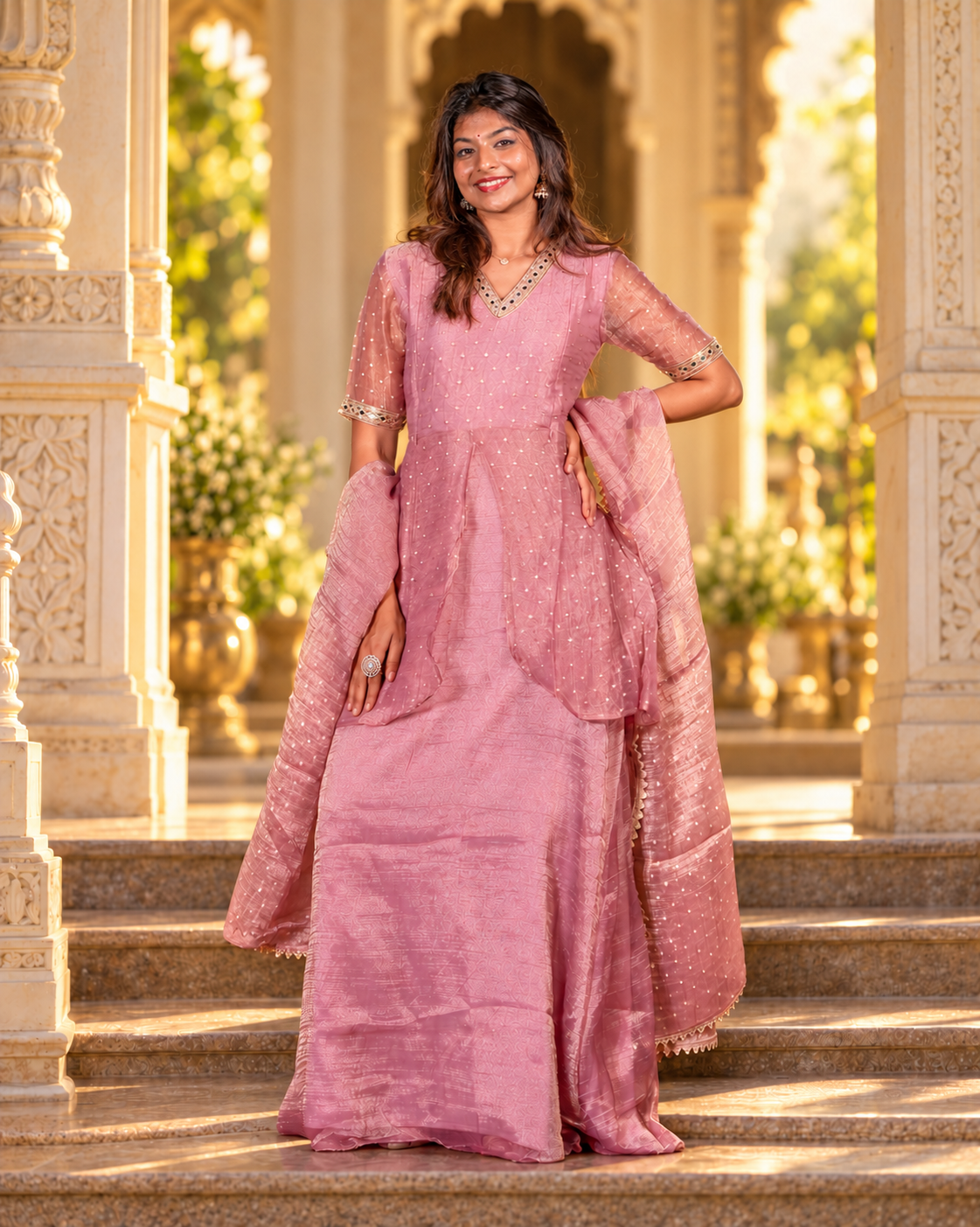 Pink Crush Tissue With Butti Maternity Maxi with Full Crepe Lining &amp; Dupatta - product image 3 | MMWEAR