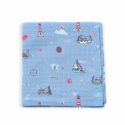 Little Ship Baby Muslin Swaddle Blanket | 100% Premium Cotton | 110x110 cm