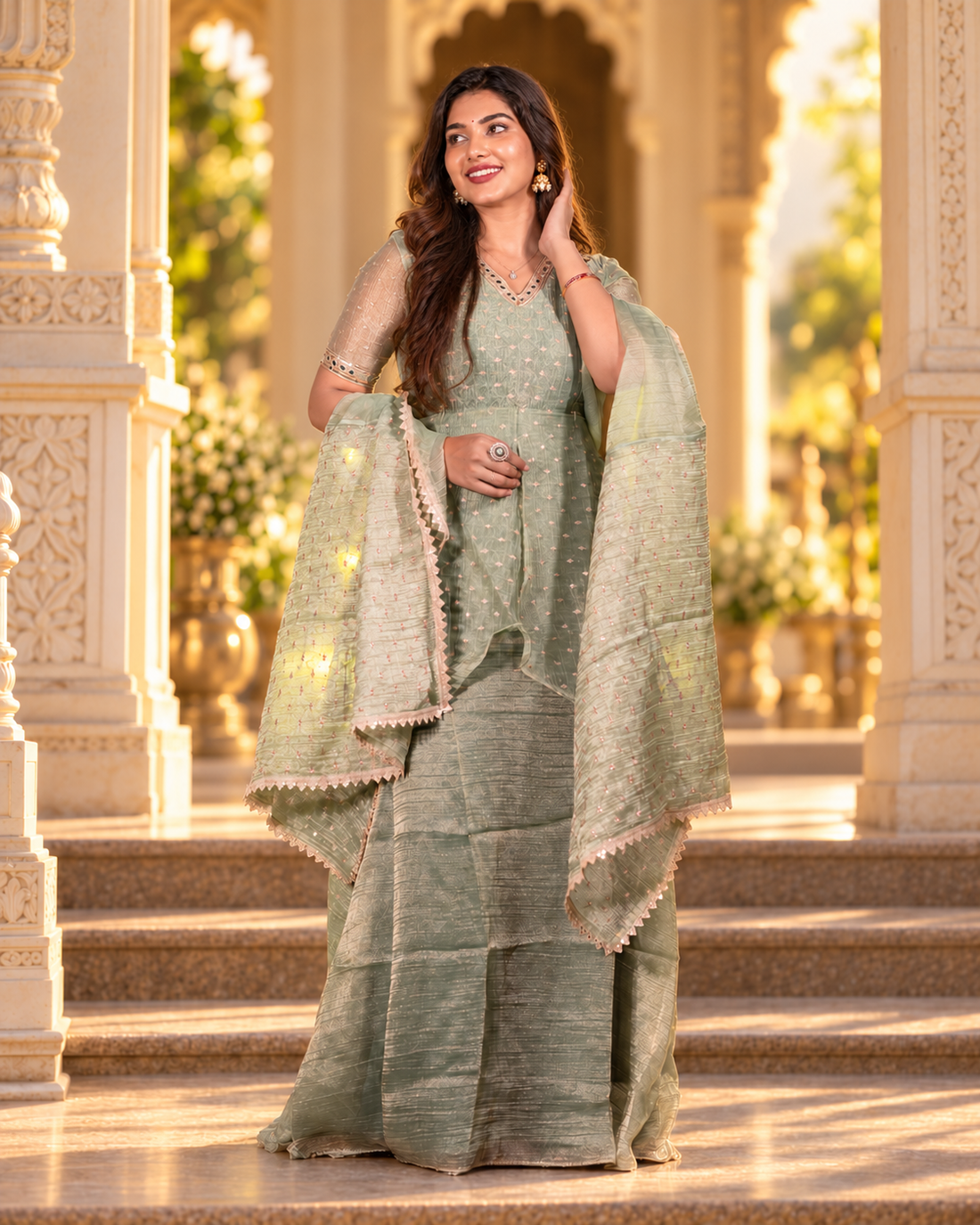 Green Crush Tissue With Butti Maternity Maxi with Full Crepe Lining &amp; Dupatta - product image 1 | MMWEAR