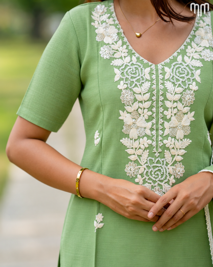 Green Chanderi Grand Crystal Embriodery Maternity Kurti Set with Top Cotton Lining