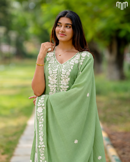 Green Chanderi Grand Crystal Embriodery Maternity Kurti Set with Top Cotton Lining