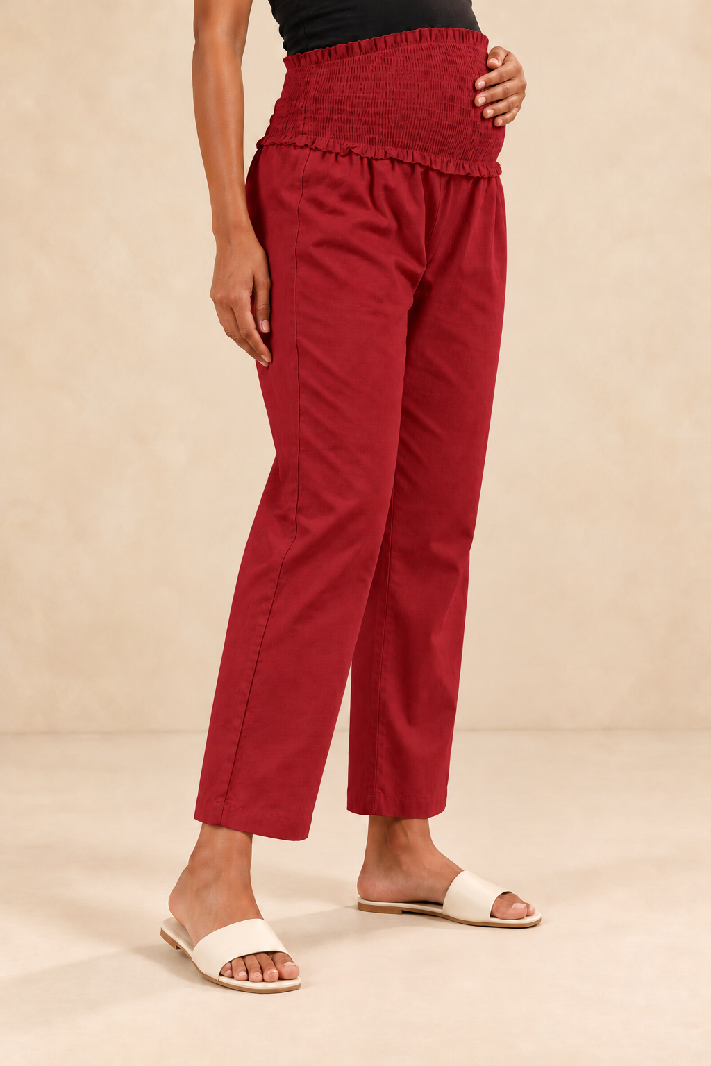 Deep Red Cambric Cotton High Rise Maternity Pant