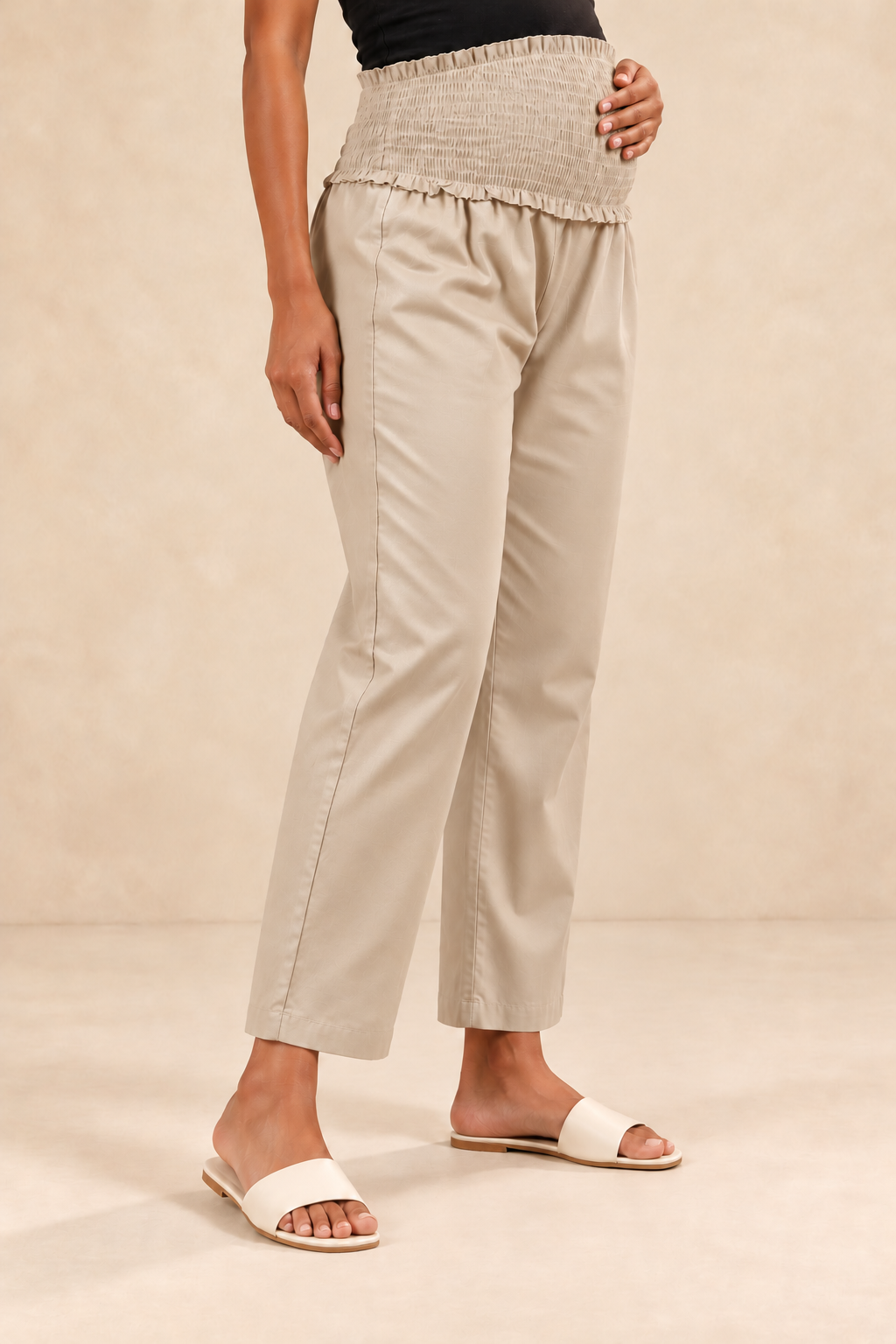 Sand Beige Glace Shine Cotton High Rise Maternity Pant