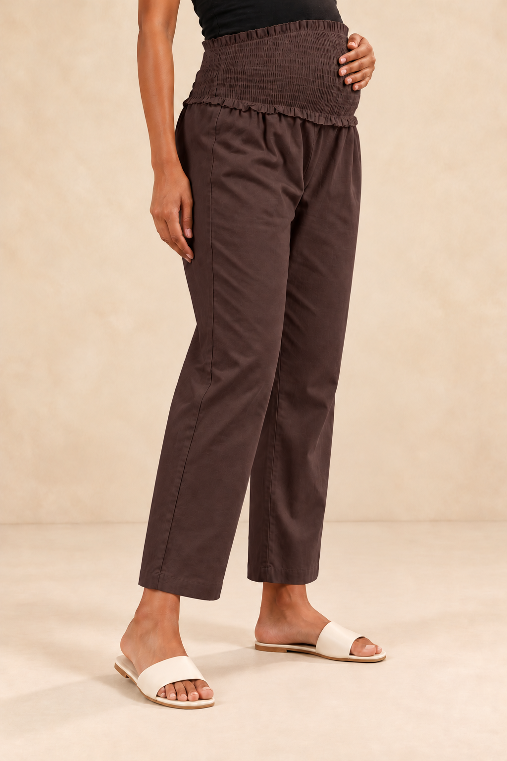Brown Cambric Cotton High Rise Maternity Pant