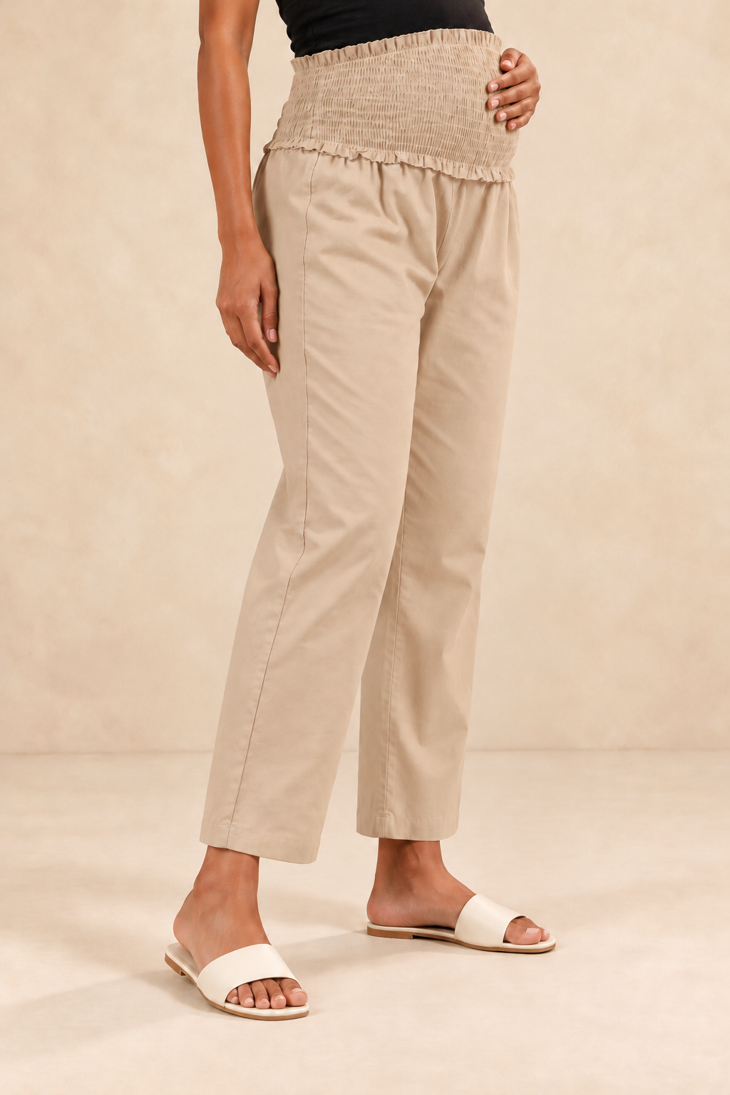 Beige Cambric Cotton High Rise Maternity Pant
