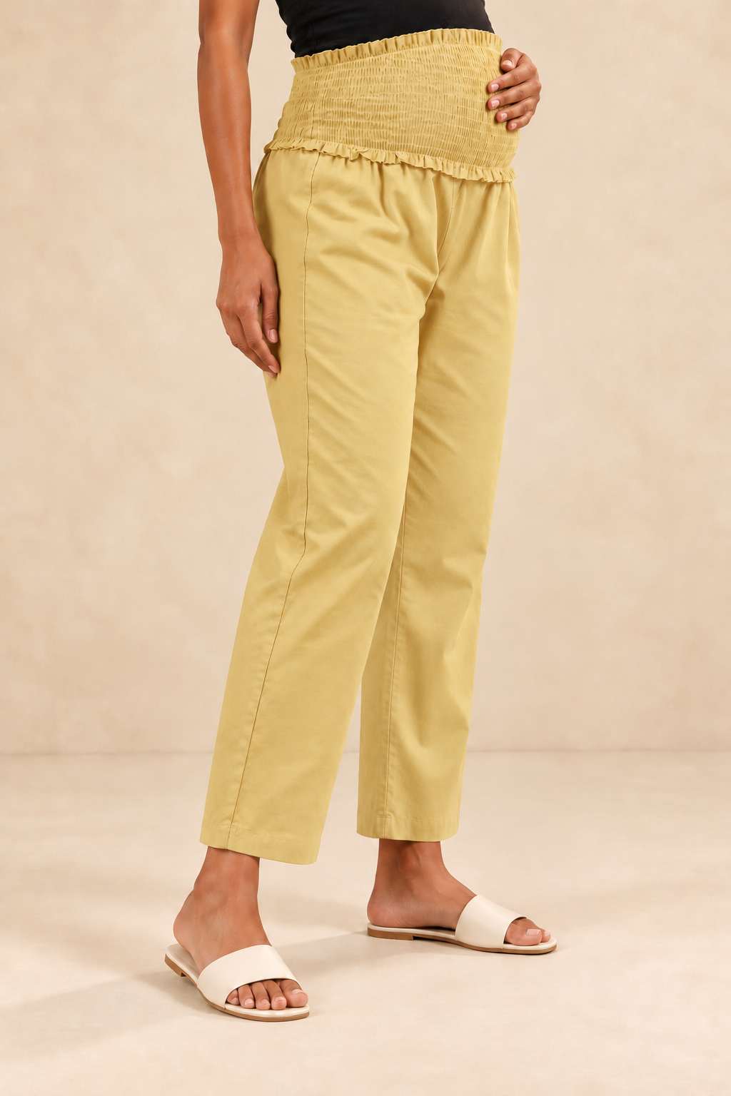Muted Yellow Cambric Cotton High Rise Maternity Pant
