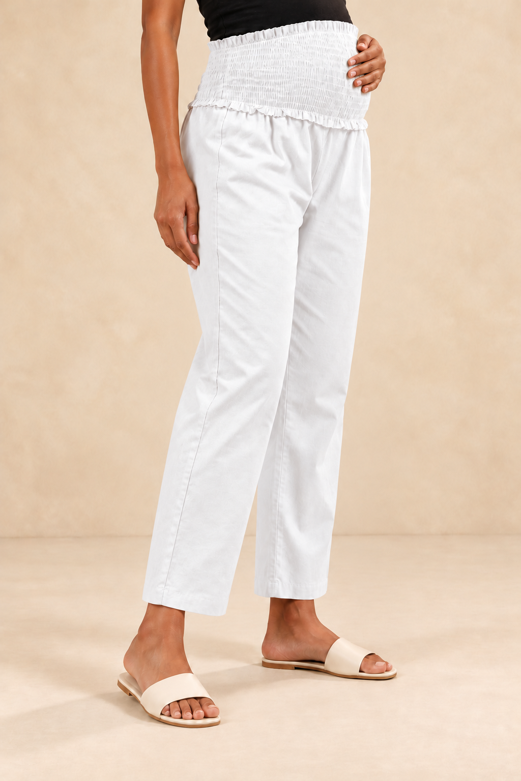 White Cambric Cotton High Rise Maternity Pant