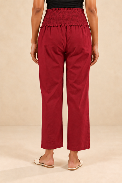 Deep Red Cambric Cotton High Rise Maternity Pant