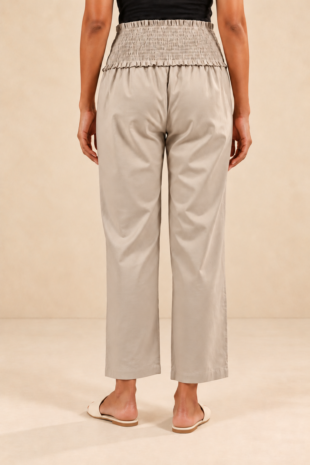 Sand Beige Glace Shine Cotton High Rise Maternity Pant