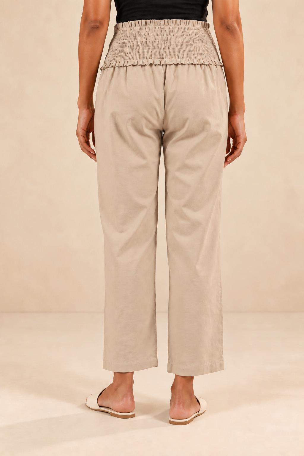 Beige Cambric Cotton High Rise Maternity Pant