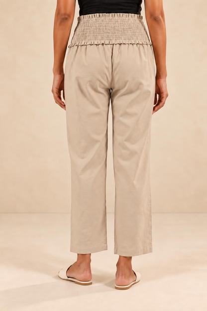 Beige Cambric Cotton High Rise Maternity Pant