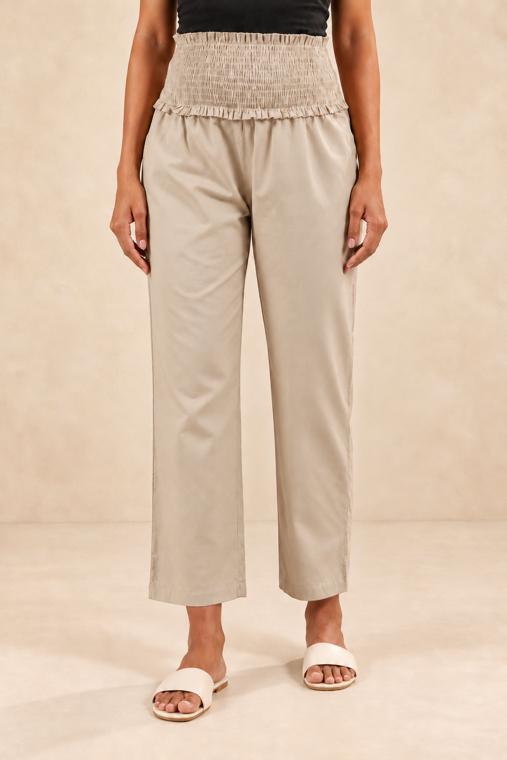 Sand Beige Glace Shine Cotton High Rise Maternity Pant