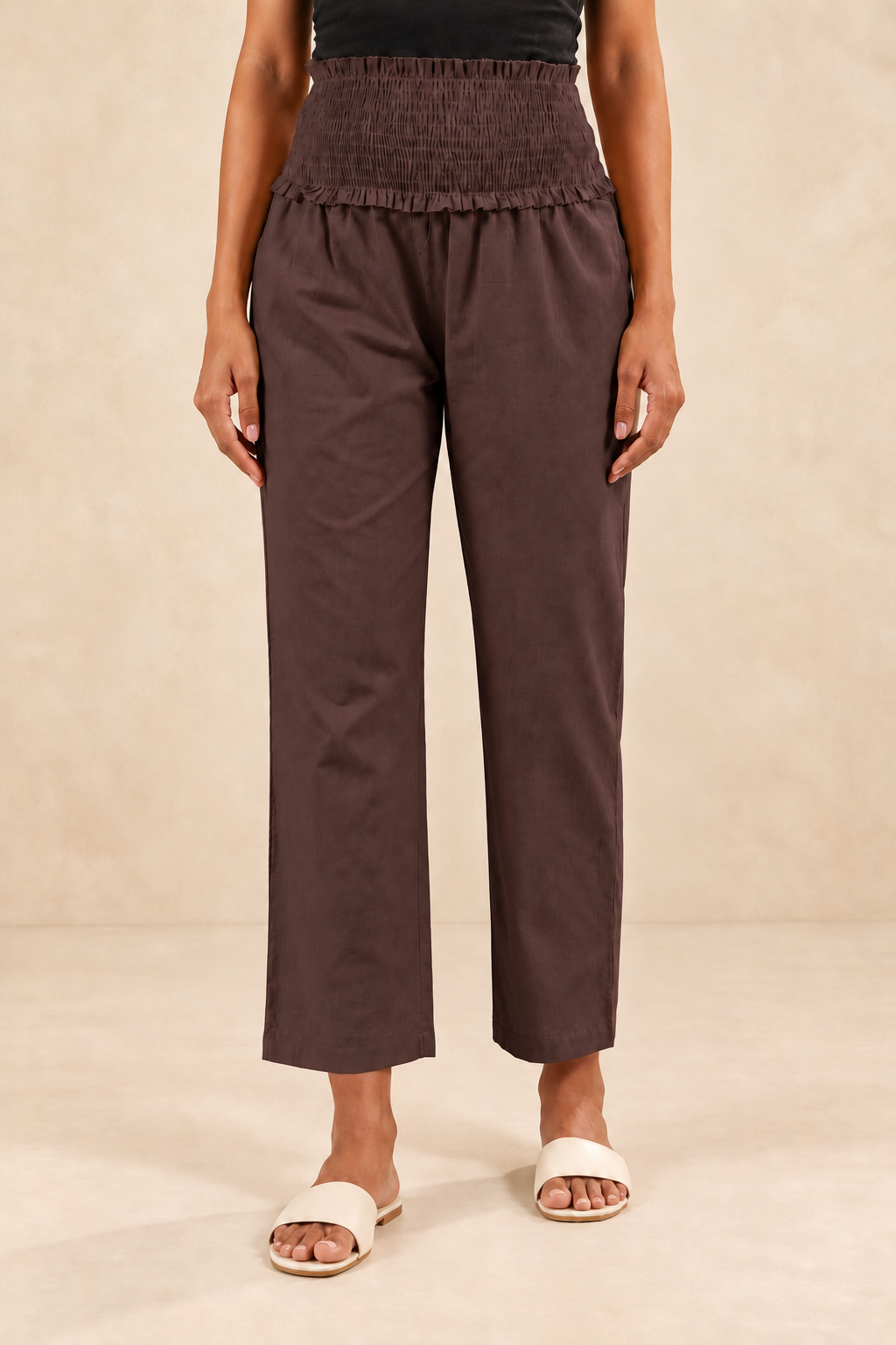 Brown Cambric Cotton High Rise Maternity Pant