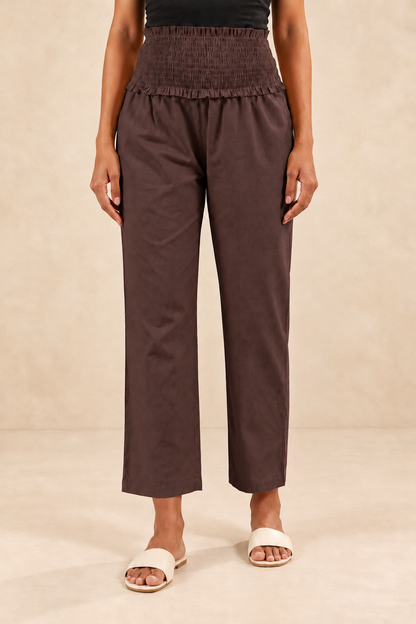Brown Cambric Cotton High Rise Maternity Pant