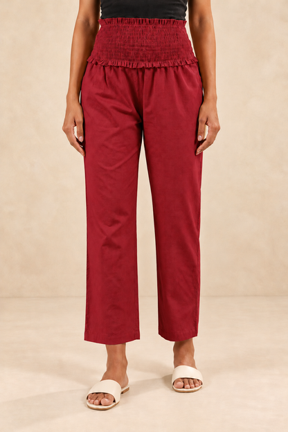 Deep Red Cambric Cotton High Rise Maternity Pant