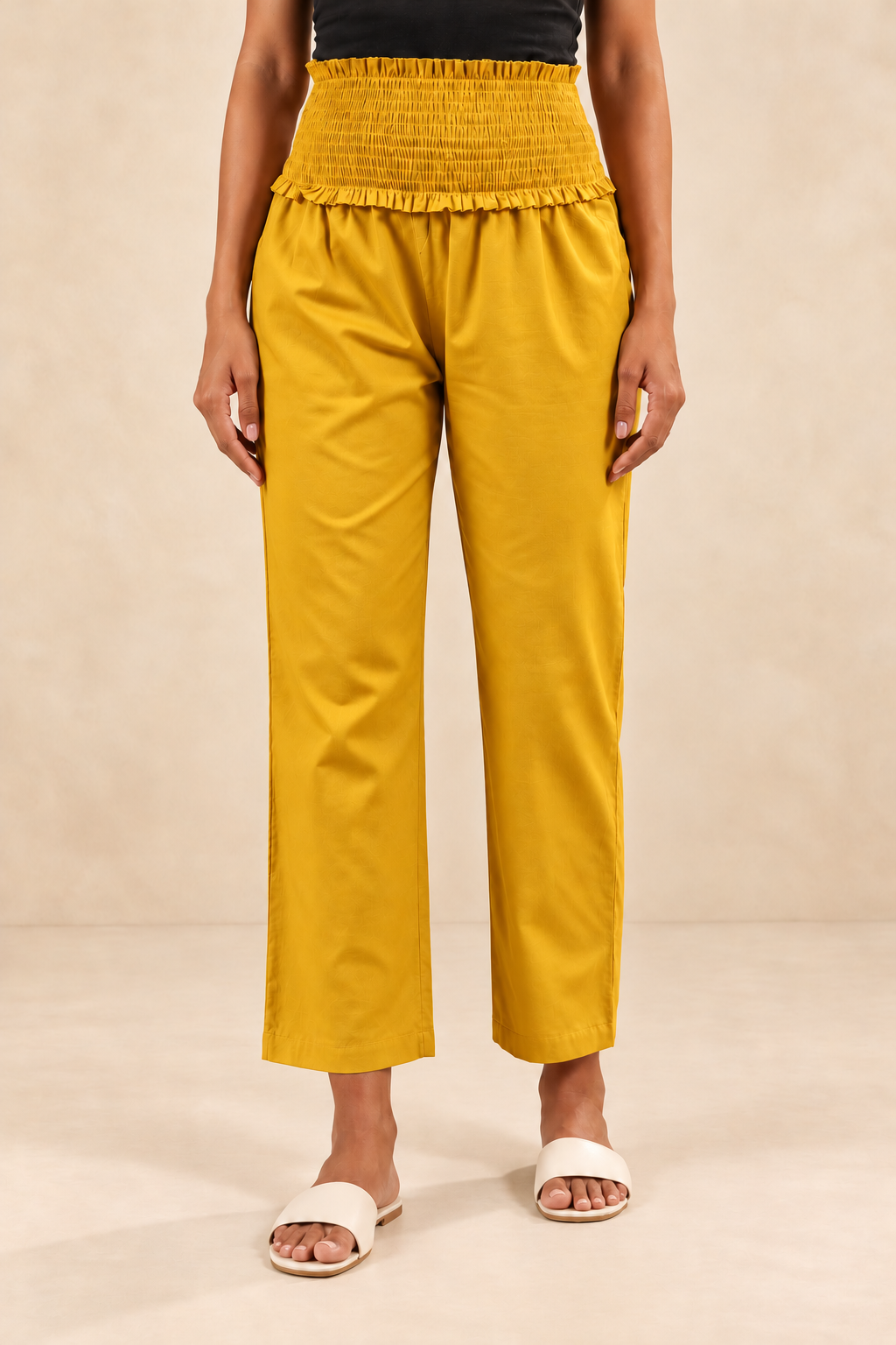 Mustard Gold Glace Shine Cotton High Rise Maternity Pant