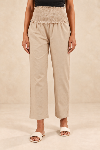 Beige Cambric Cotton High Rise Maternity Pant