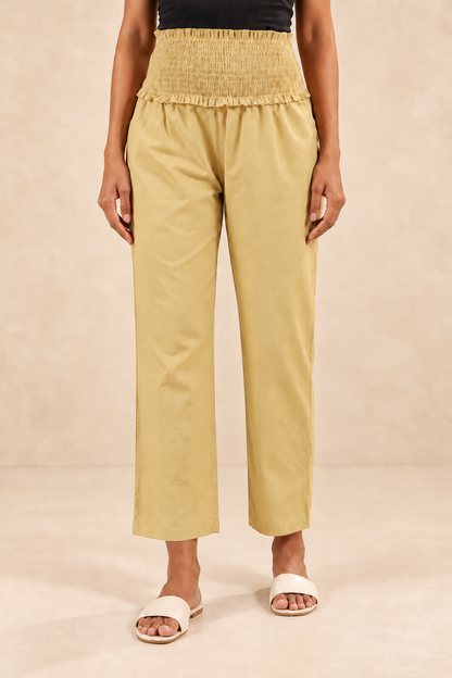 Muted Yellow Cambric Cotton High Rise Maternity Pant