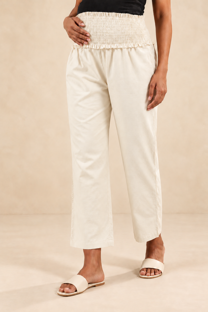 Warm Ivory Cambric Cotton High Rise Maternity Pant