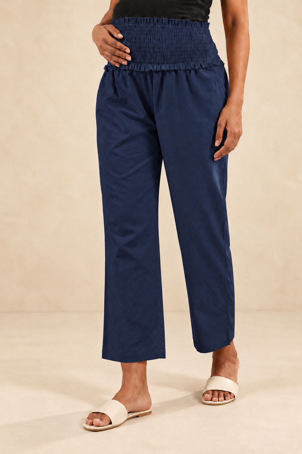 Navy Blue Cambric Cotton High Rise Maternity Pant