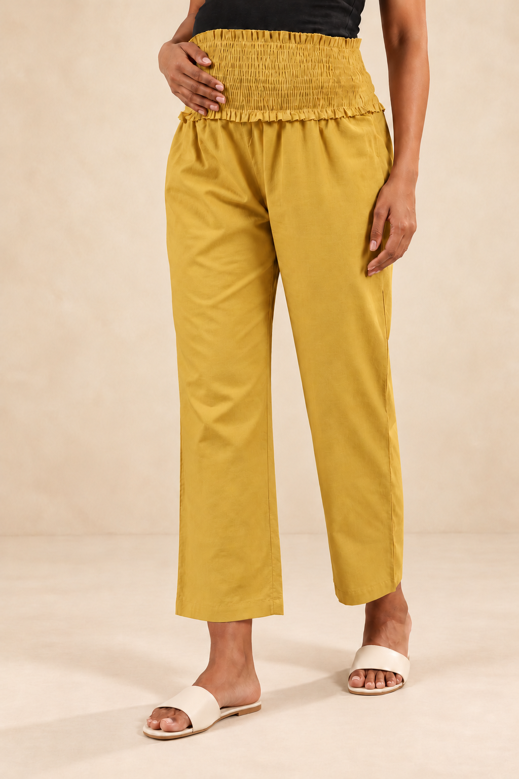 Mustard Cambric Cotton High Rise Maternity Pant