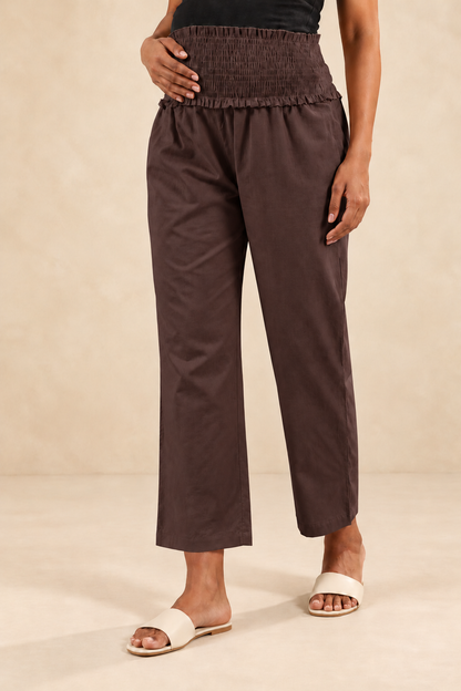 Brown Cambric Cotton High Rise Maternity Pant