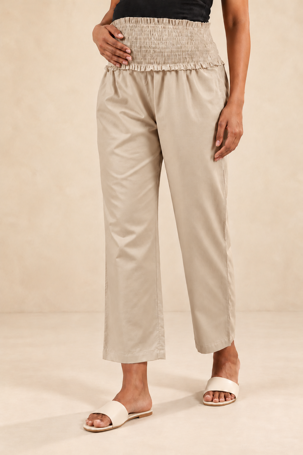 Sand Beige Glace Shine Cotton High Rise Maternity Pant