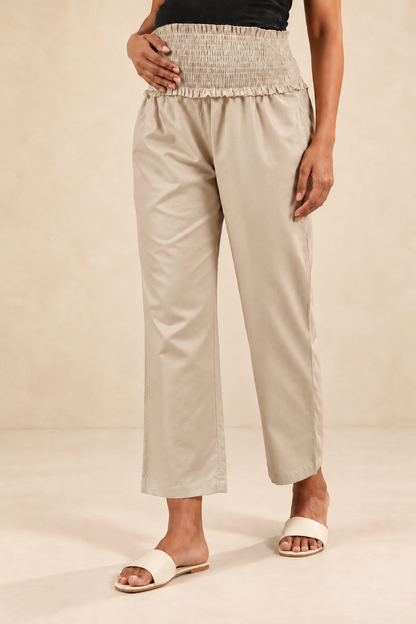 Sand Beige Glace Shine Cotton High Rise Maternity Pant