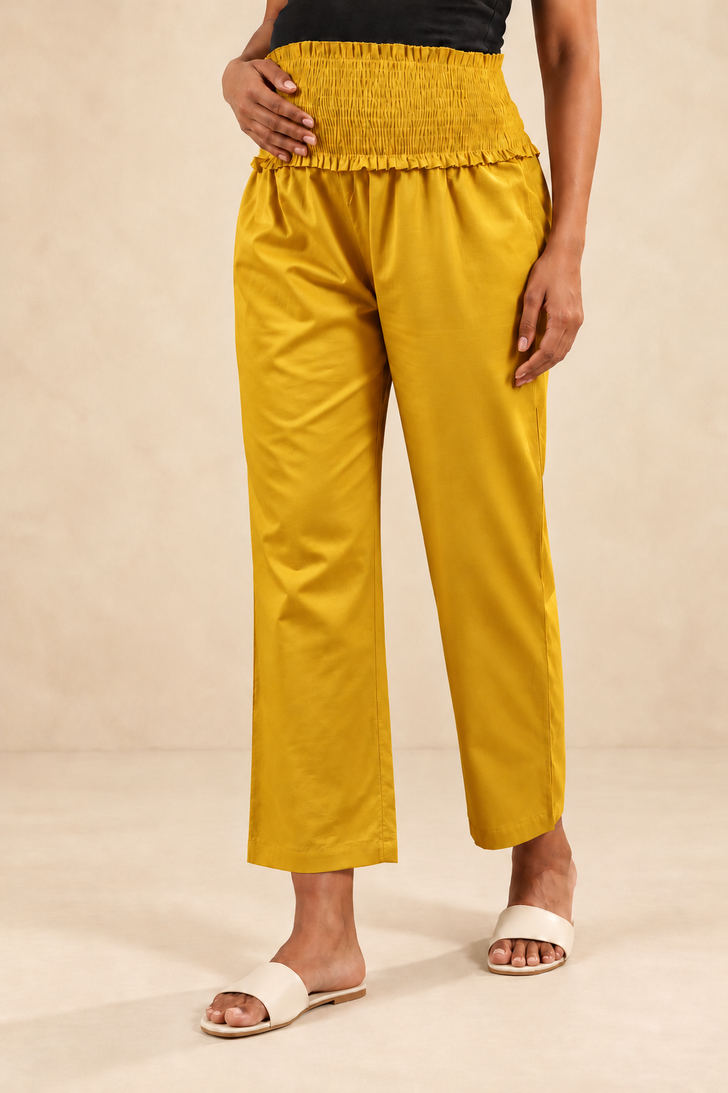 Mustard Gold Glace Shine Cotton High Rise Maternity Pant